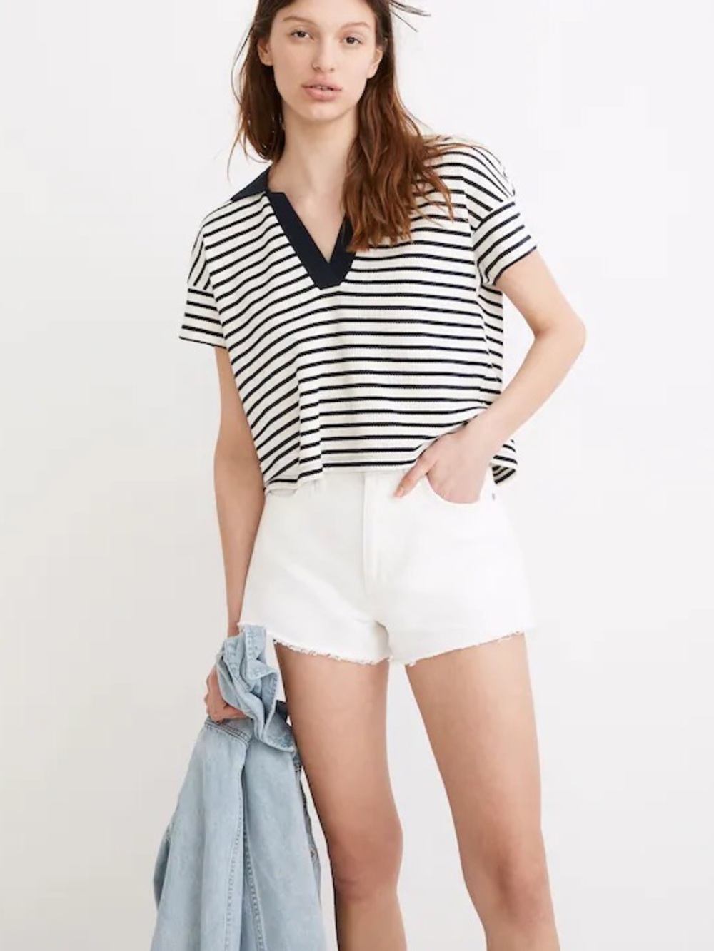 Madewell Woman’s Navy & White Striped Cropped Polo V-Neck Tee Size Large